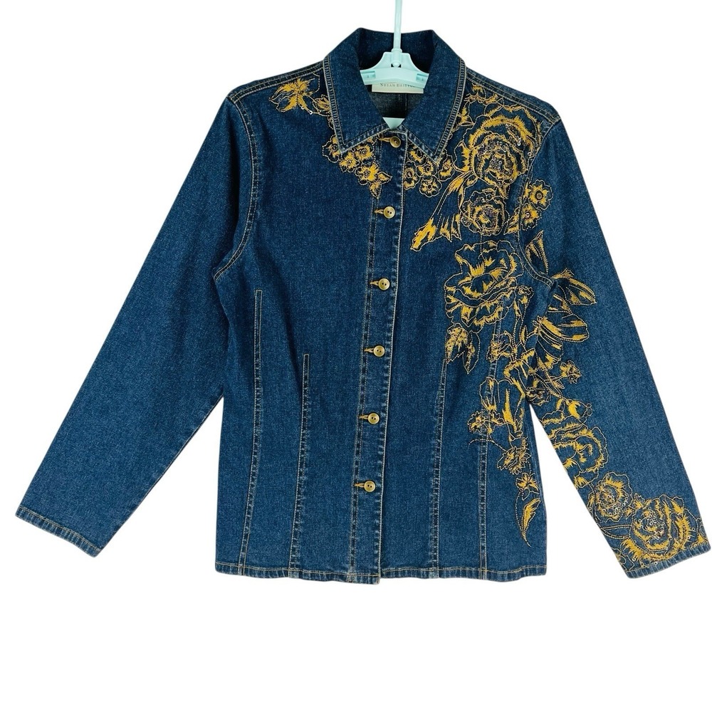 Susan Bristol Women Blue Jean Jacket Embroidered Gold Floral Sequins Size M Boho